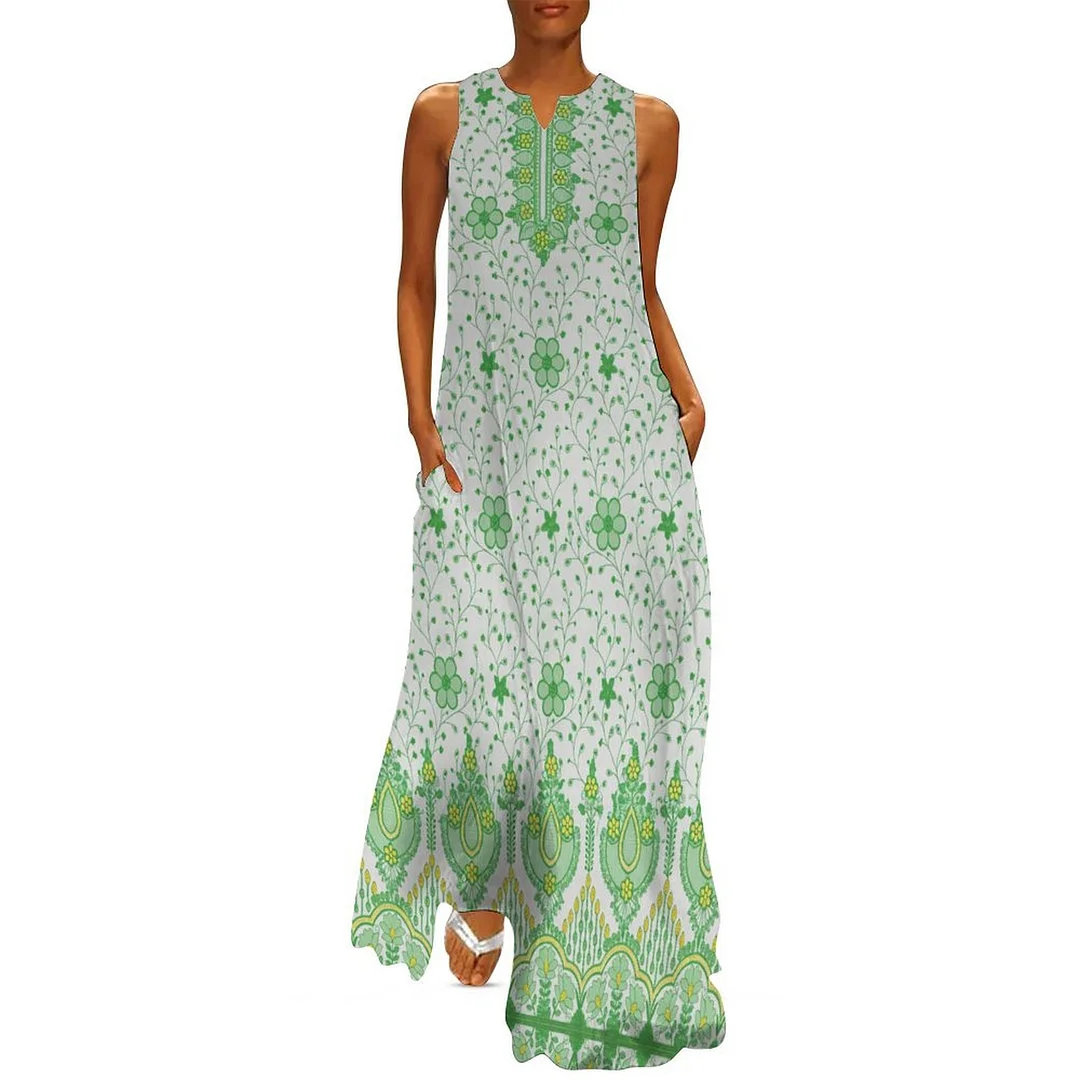 Style & Comfort for Mature Women Plus Size Printed Sleeveless Casual Women Maxi Dress with Pockets in Pattern Green, Vintage
