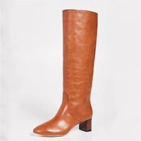 TAAFO Brown Round Toe Chunky Heels Knee-High Boots Woman Soft Leather Slid For Ladies Shoes Casual