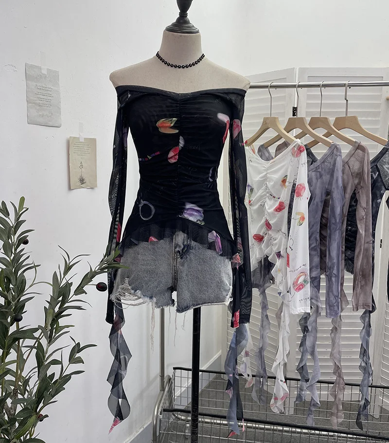 Uveng Real Shot One-字 Collared Shoulder Long-Sleeved Mesh Printing Top Irregularly Folded Lotus Leaves With Short T-Shirt 9937