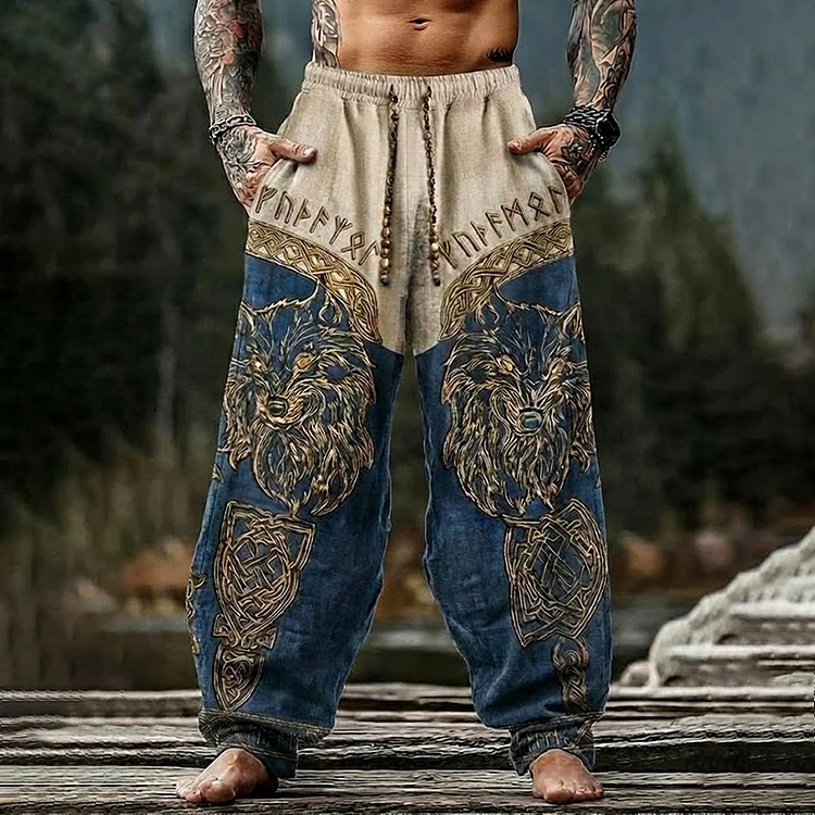 Men's Retro Viking Wolf Art Print Casual Pants