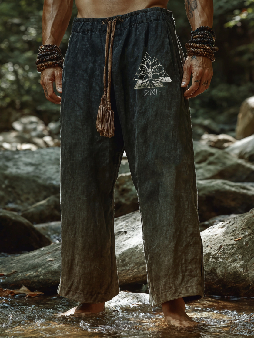 Men's Viking Holiday Style Vintage Ethnic Tree Of Life Totem Casual Linen Pants / Rvogue / Rvogue