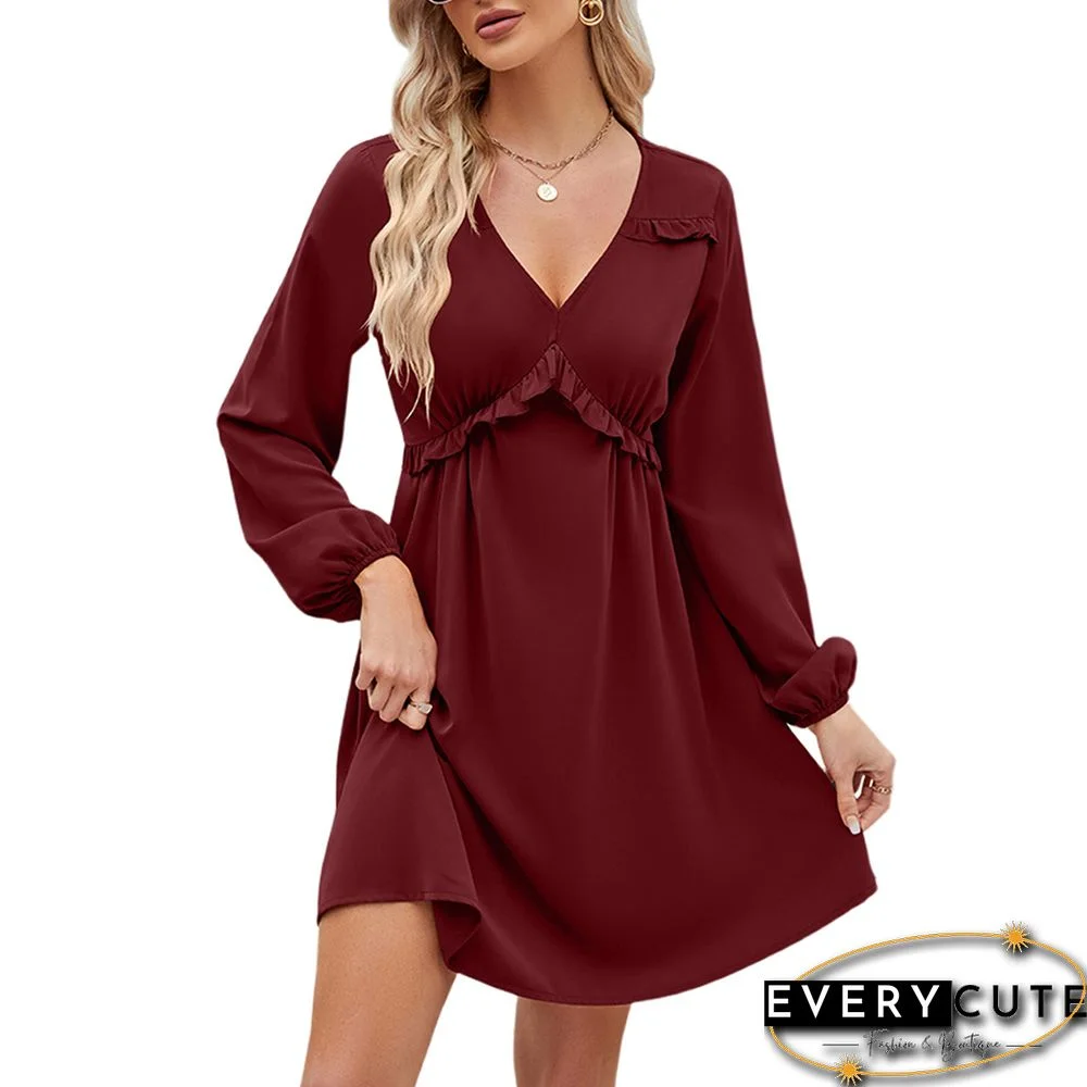 Burgundy V Neck Ruffle Detail Long Sleeve Dress