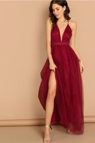 Sexy V-Neck Spaghetti-Straps Tulle Long Prom Dress Online