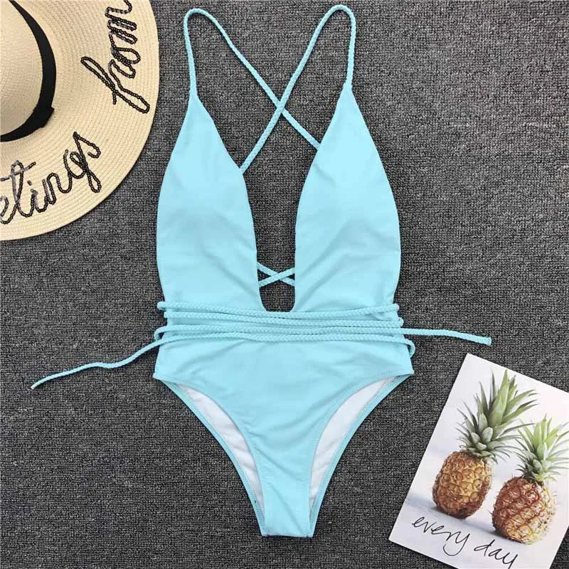 Halter Neon Deep V Swimsuit Women Monokini String Bathing suit Sexy Push Up Swimwear one piece Bodysuits High cut Bikini Women