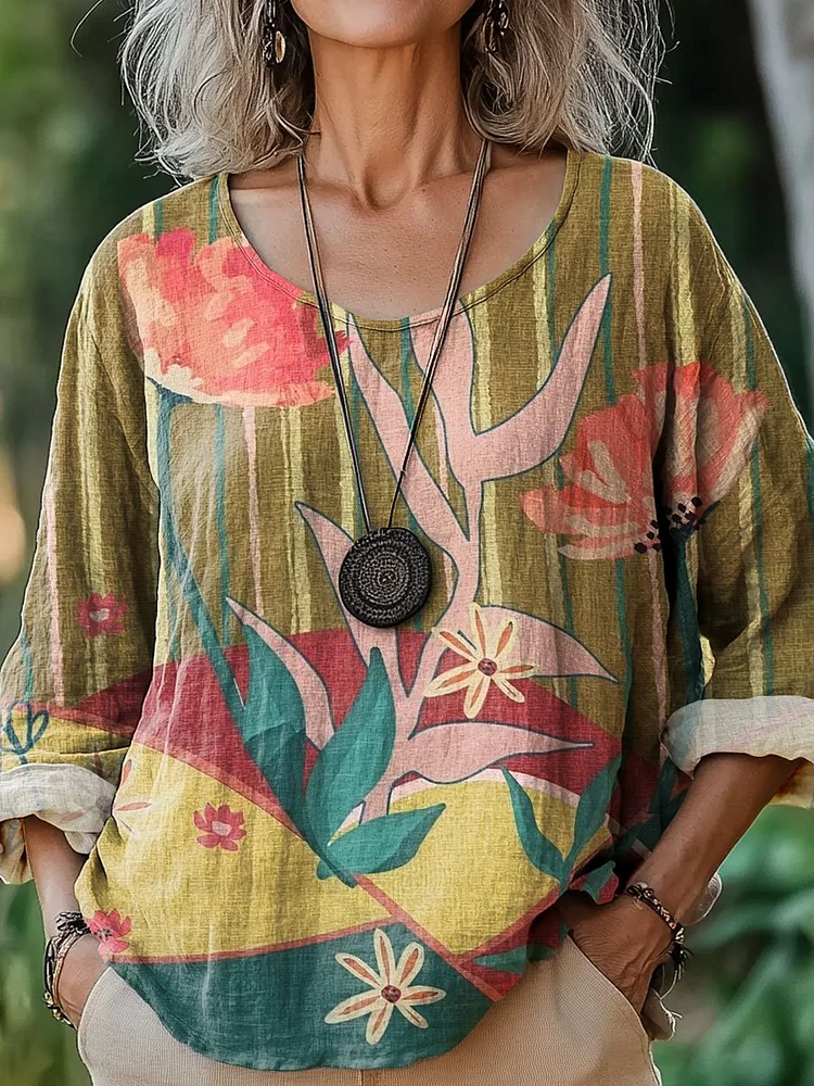 Women's Vintage Flower Art Print Casual Cotton And Linen Shirt
