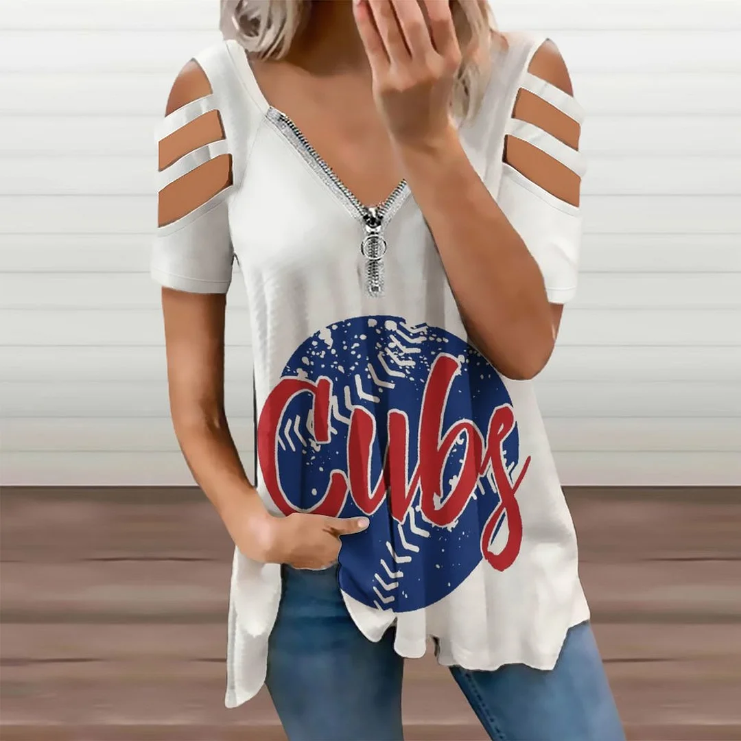 Shoulder Off V-neck Zipper Front Short Sleeve Casual T-shirt for Women Printed with Pattern,Blue,Red