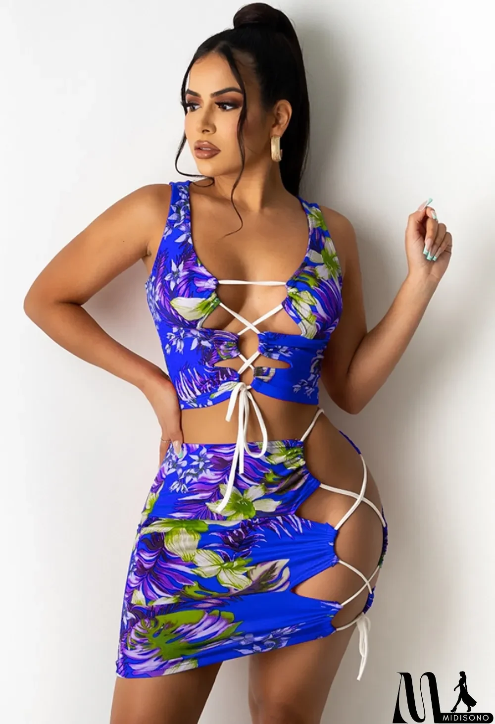 MidiSono - Summer Two Piece Matching Floral Blue Sexy Lace-Up Crop Top and Skirt Set