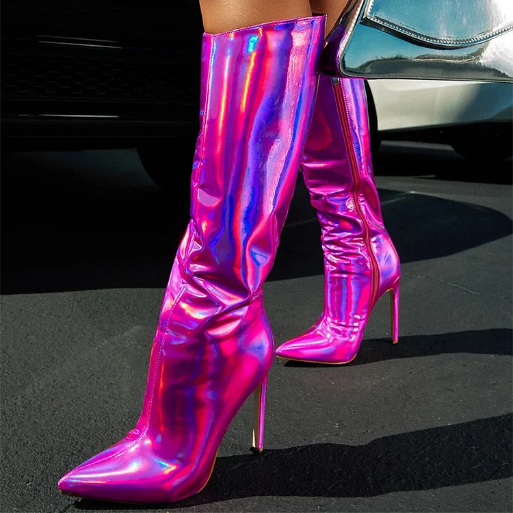 Pointed Toe Laser Patent PU Leather Boots-Rose Red