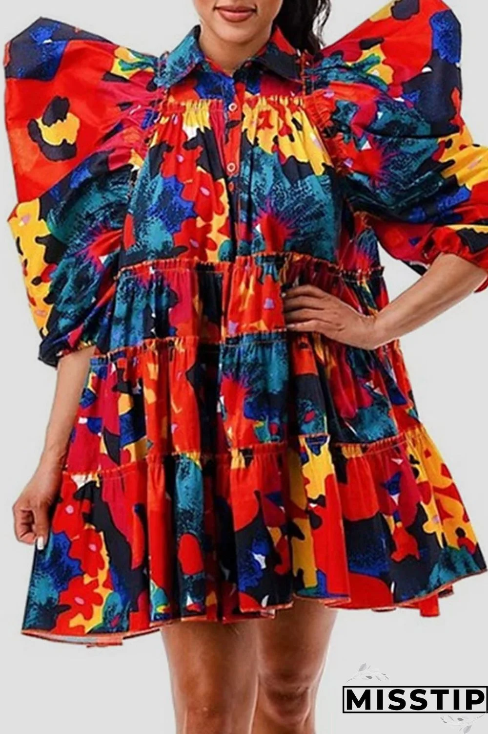 Pink Fashion Casual Print Patchwork Buckle Turndown Collar A Line Dresses