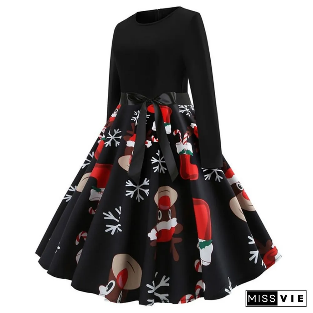 Fashion Women Christmas Swing Party Dress Printing Long sleeve Festival prom belt evening