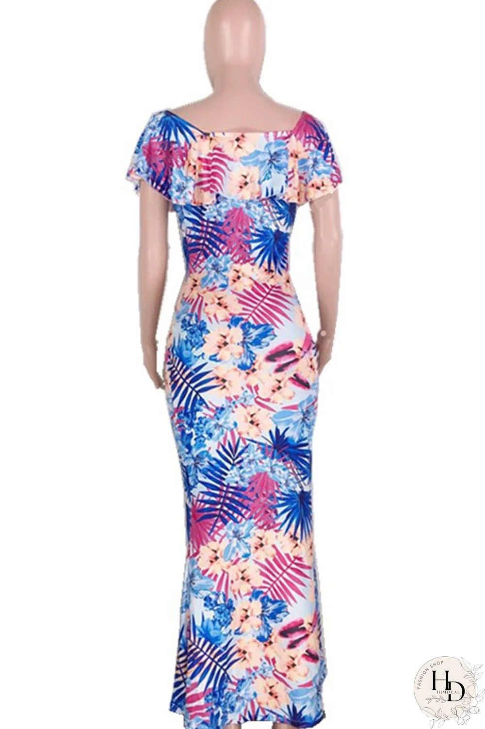 Blue Fashion Sexy Off The Shoulder Short Sleeves One word collar Slim Dress Ankle-Length Print Club Dres