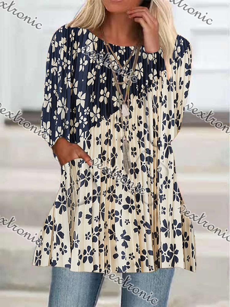 Women's Long Sleeve Scoop Neck Floral Printed Stitching Top