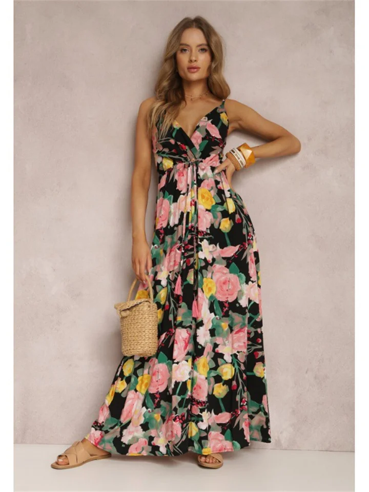 Spring and summer new women's fashion print sexy dress halter deep V sleeveless backless urban wind ruffle long dress | 168DEAL