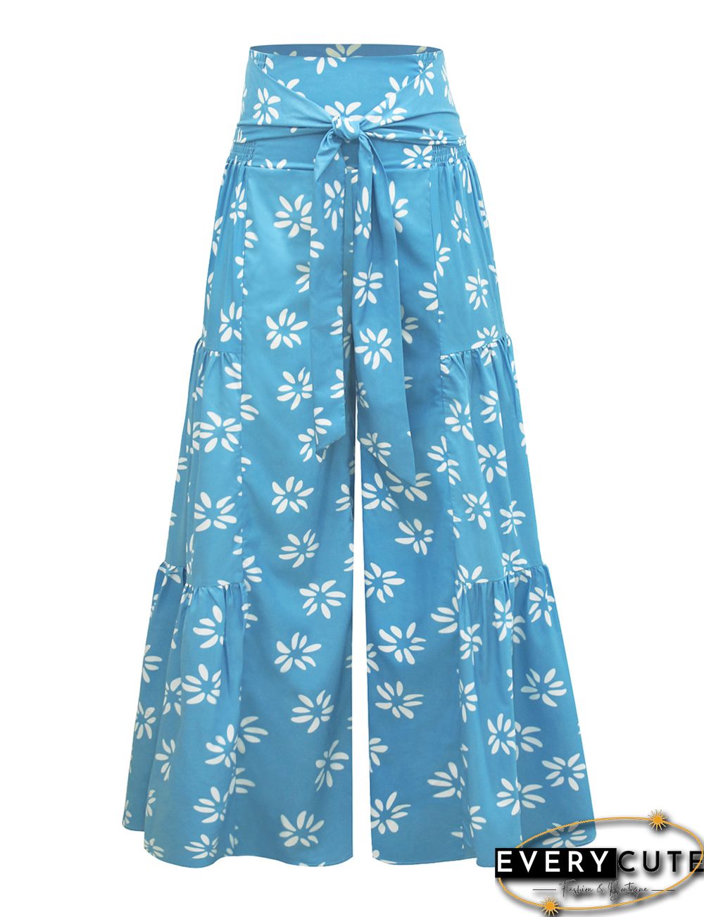 Aquamarine Digital Print Tie Waist Beachwear Wide Leg Pants
