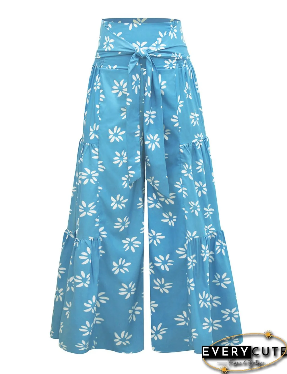 Aquamarine Digital Print Tie Waist Beachwear Wide Leg Pants
