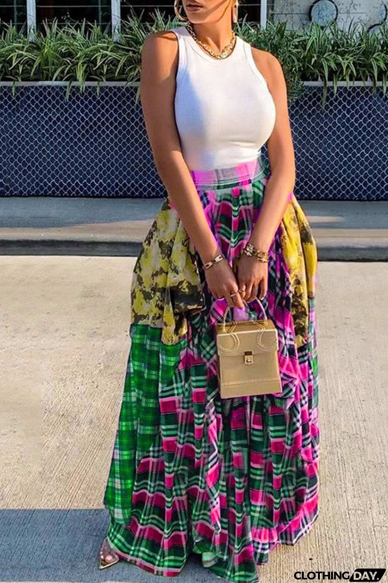 Splicing Plaid Print Skirt