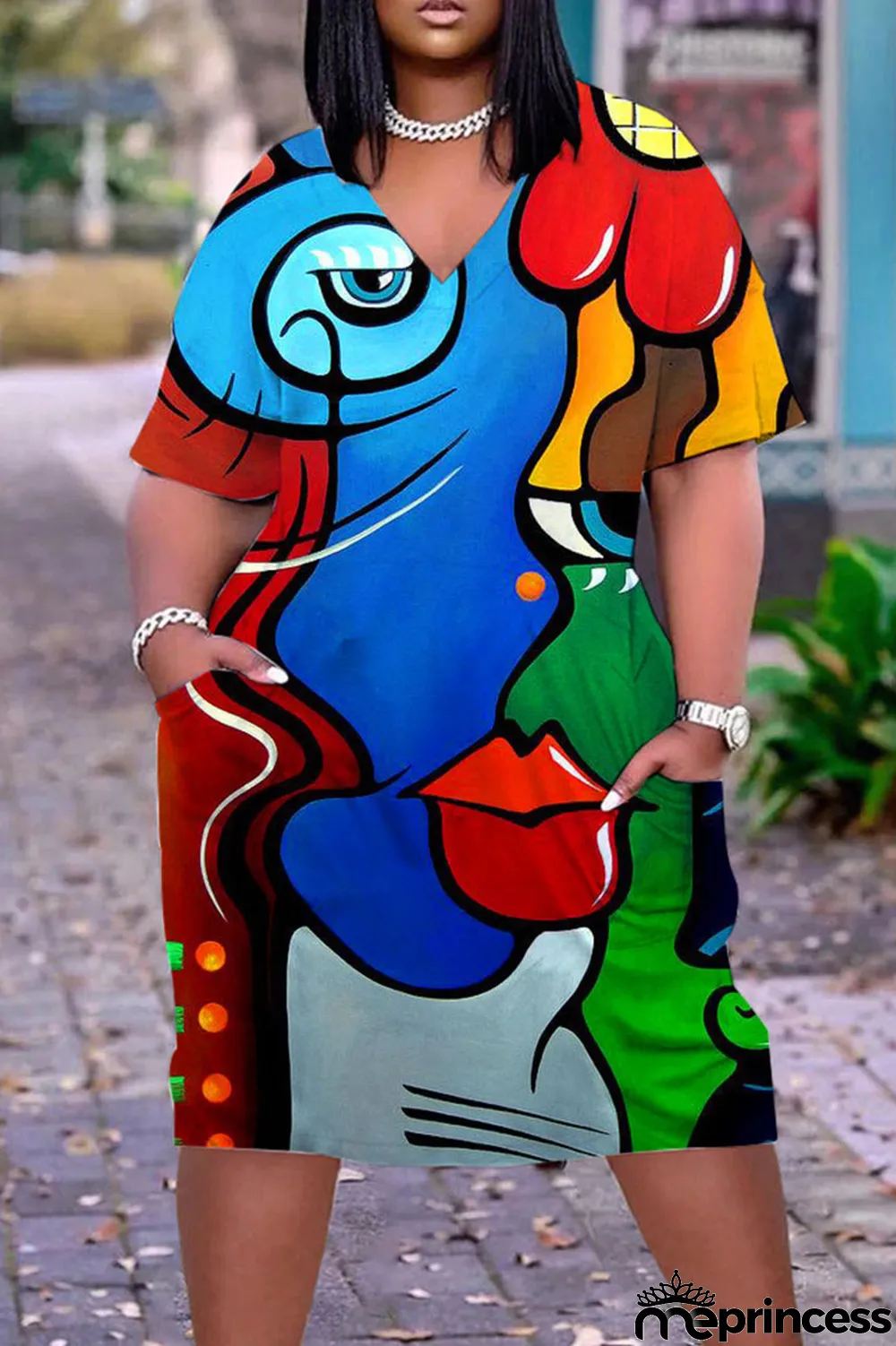 Red Casual Street Print Patchwork V Neck Straight Dresses