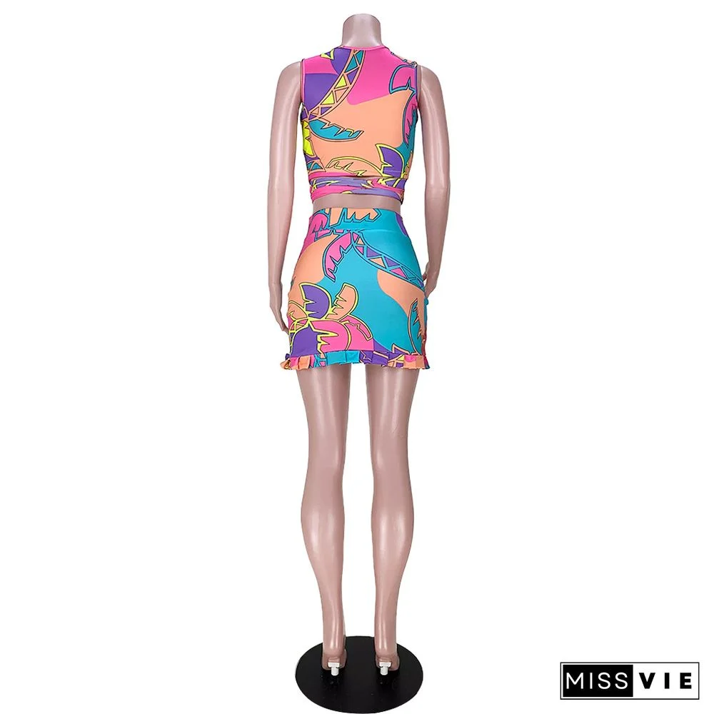 Women Streetwear Fashion Summer Print Bandage Crop Top Mini Skirt Party Clubwear Two Piece Set