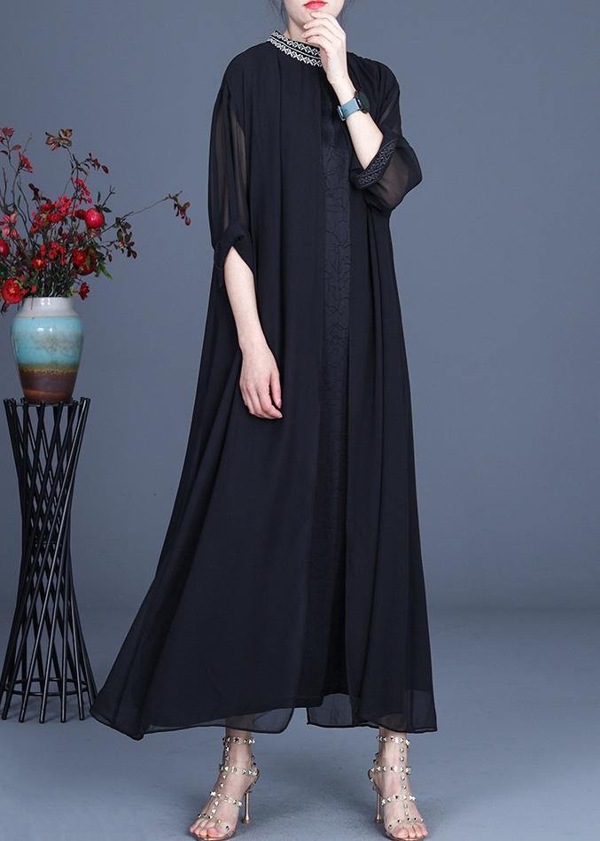 Bohemian Black Embroidery Oversize Maxi Summer Spring Chiffon Dress