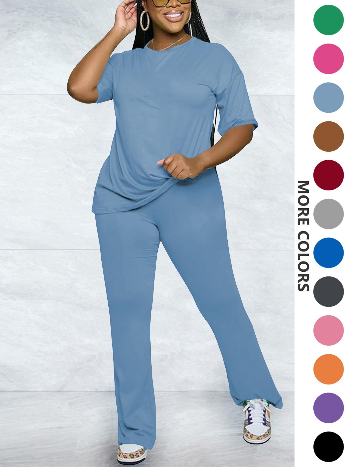 Women's Solid Round Neck Drop Shoulder Fitted Tee & Pants Two-piece Set, Casual Basic Fashion Cozy Half Sleeve T-shirt & Trousers for Daily Outdoor Wear, Women's Clothing for Fall, Casual Loungewear Set Women's Solid Round Neck Drop Shoulder Fitted Tee & Pants Two-piece Set, Casual Basic Fashion Cozy Half Sleeve T-shirt & Trousers for Daily Outdoor Wear, Women's Clothing for Fall, Casual Loungewear Set