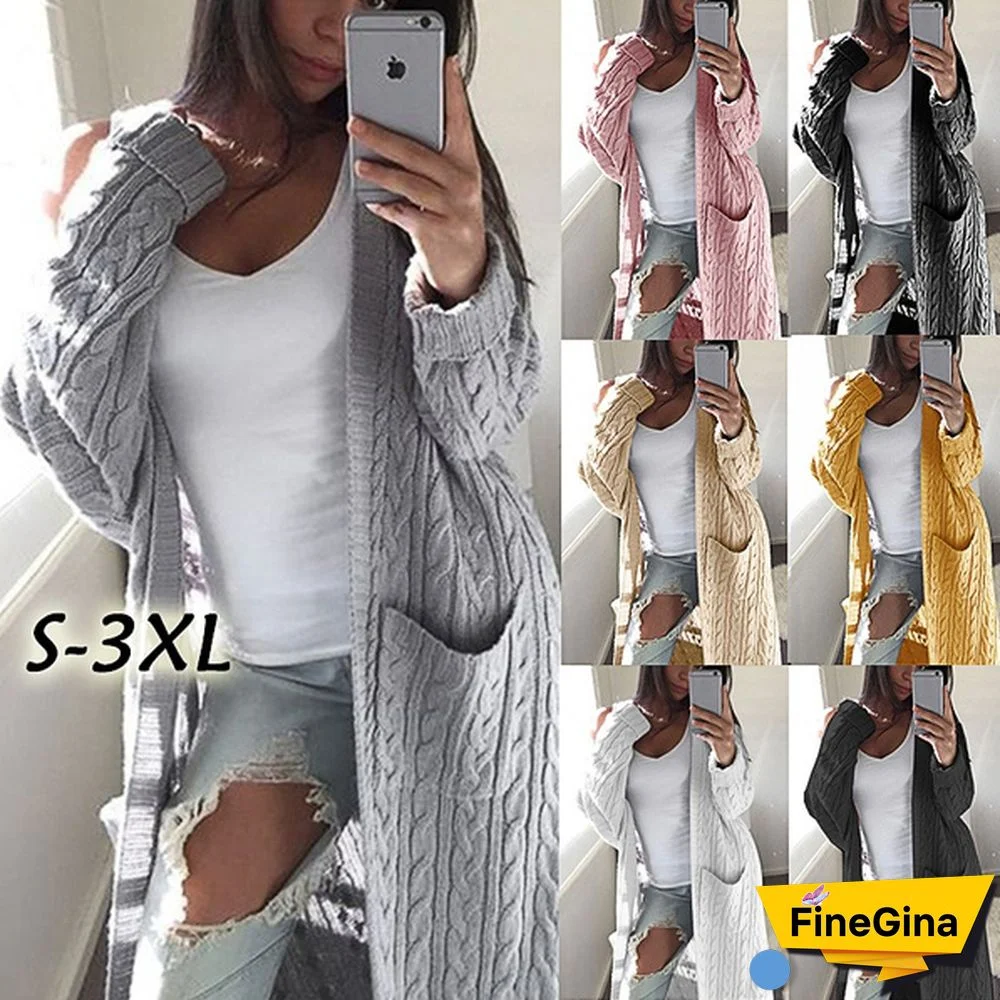 Autumn and Winter Women's Fashion Casual Pocket Knitted Long Sleeve Sweater Cardigan Coats Plus Size S-3XL