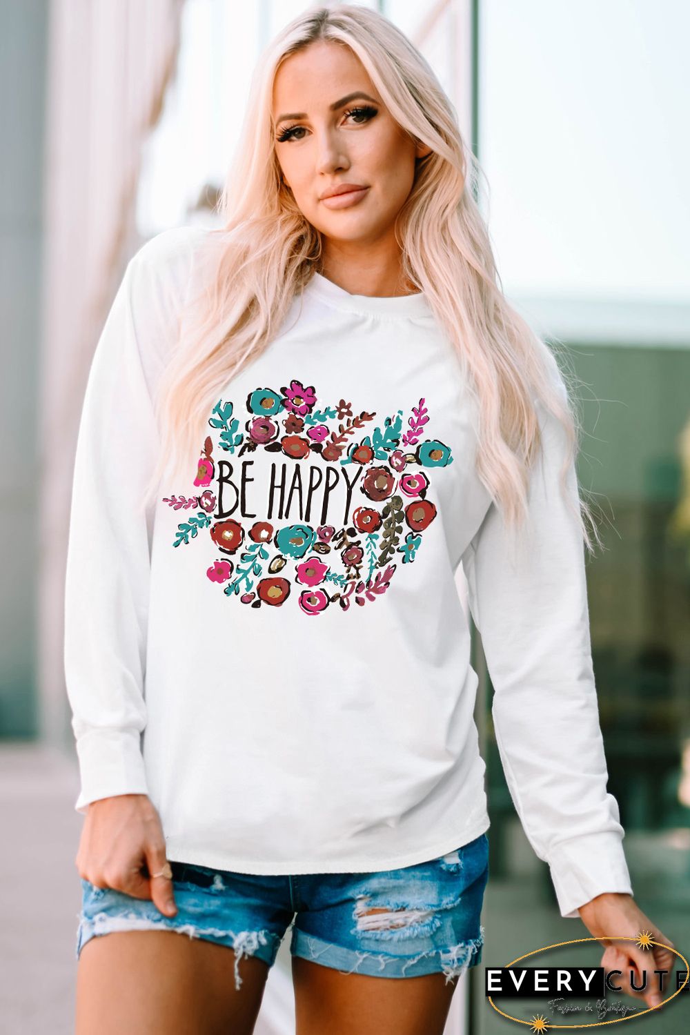 White Be Happy Floral Print Crewneck Long Sleeve Top