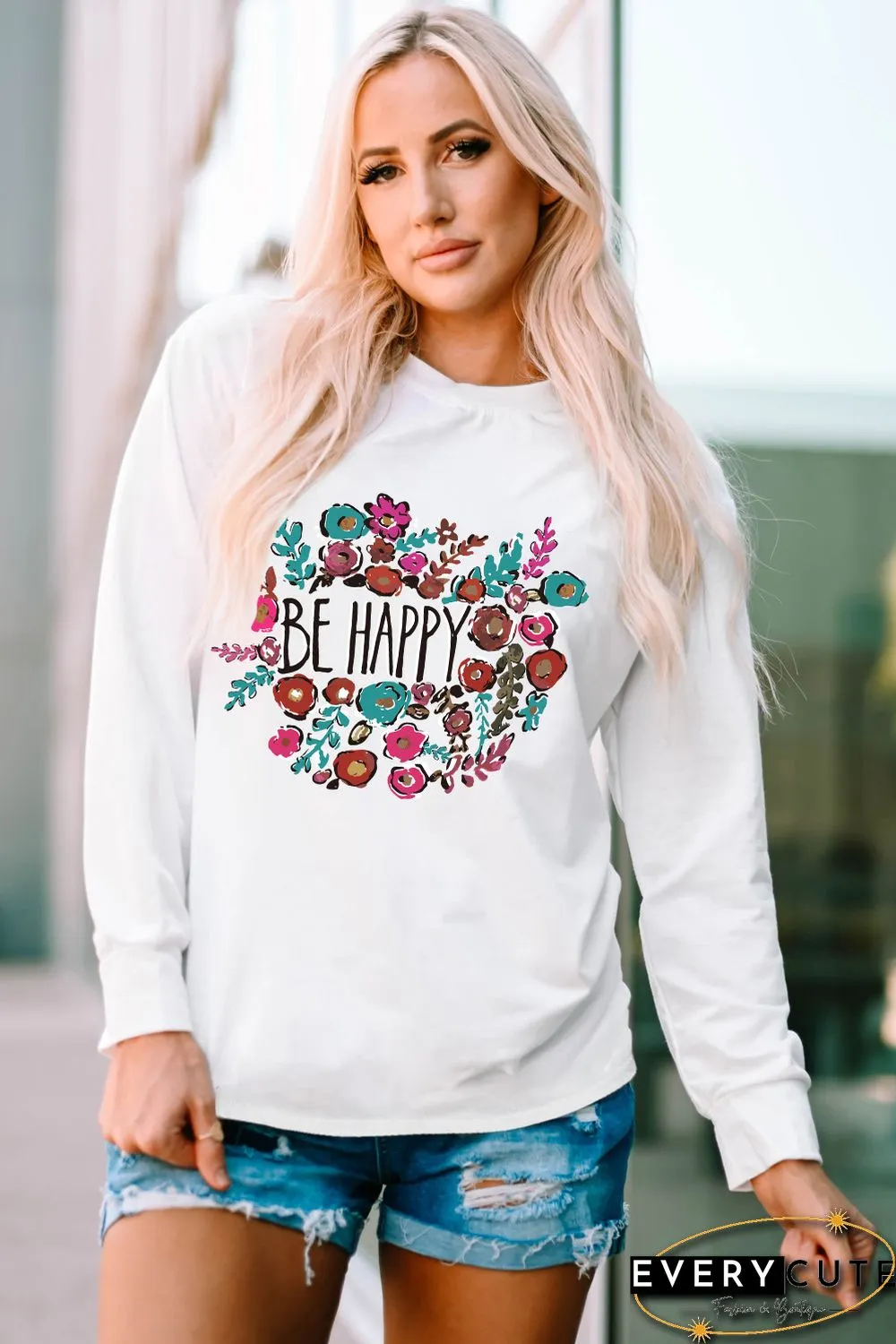 White Be Happy Floral Print Crewneck Long Sleeve Top