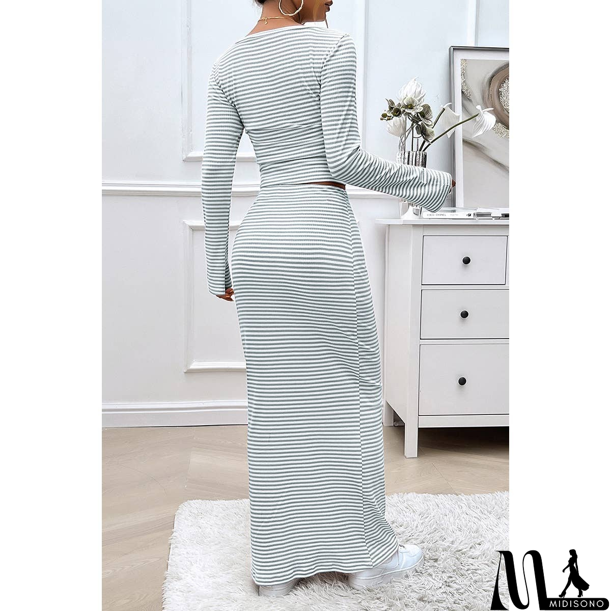 MidiSono - Striped Knitted Crop Top Wrap Hip Long Skirt Set
