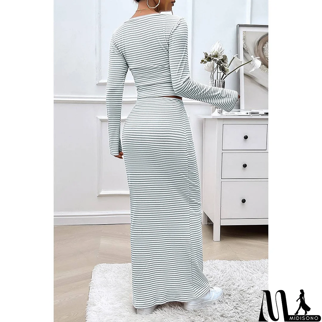 MidiSono - Striped Knitted Crop Top Wrap Hip Long Skirt Set