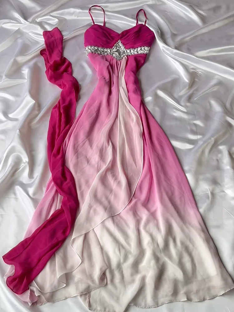 Flower Rhinestone Ruffled Sleeveless Spaghetti-Neck Gradient Chiffon Maxi Dresses Fairytale Drexss