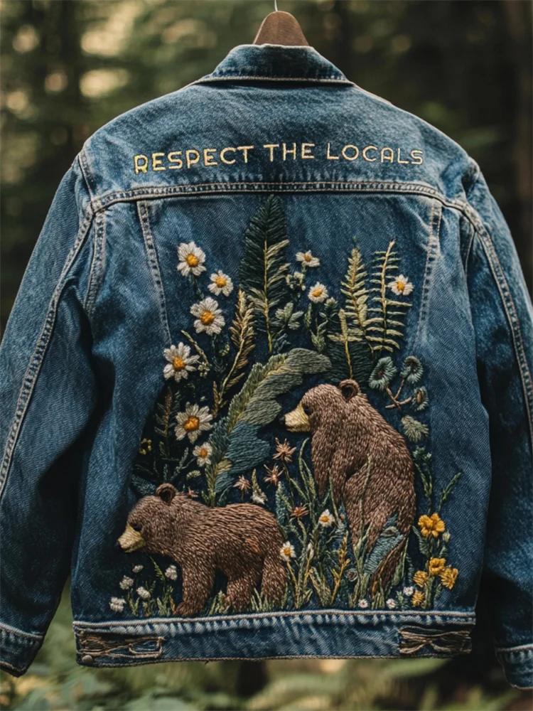 VChics Respect The Locals Bears Floral Embroidered Denim Jacket