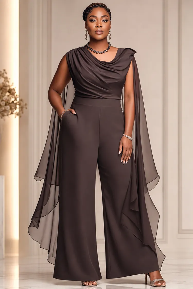 Xpluswear Design Plus Size Cocktail Party Brown Cowl Neck Draped Pocket Chiffon Jumpsuits [Pre-Order] 2024 - Xpluswear