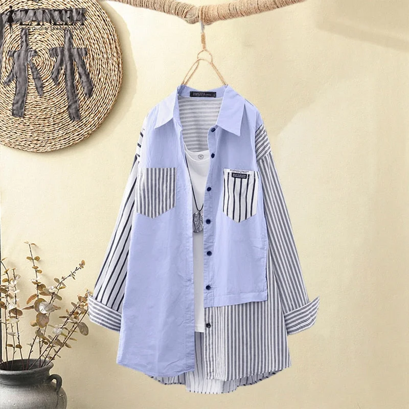 Oversized Vintage Striped Shirt ZANZEA 2022 Spring Women Patchwork Shirt Casual Lapel Neck Cotton Tops Tunic Long Sleeve Blusas