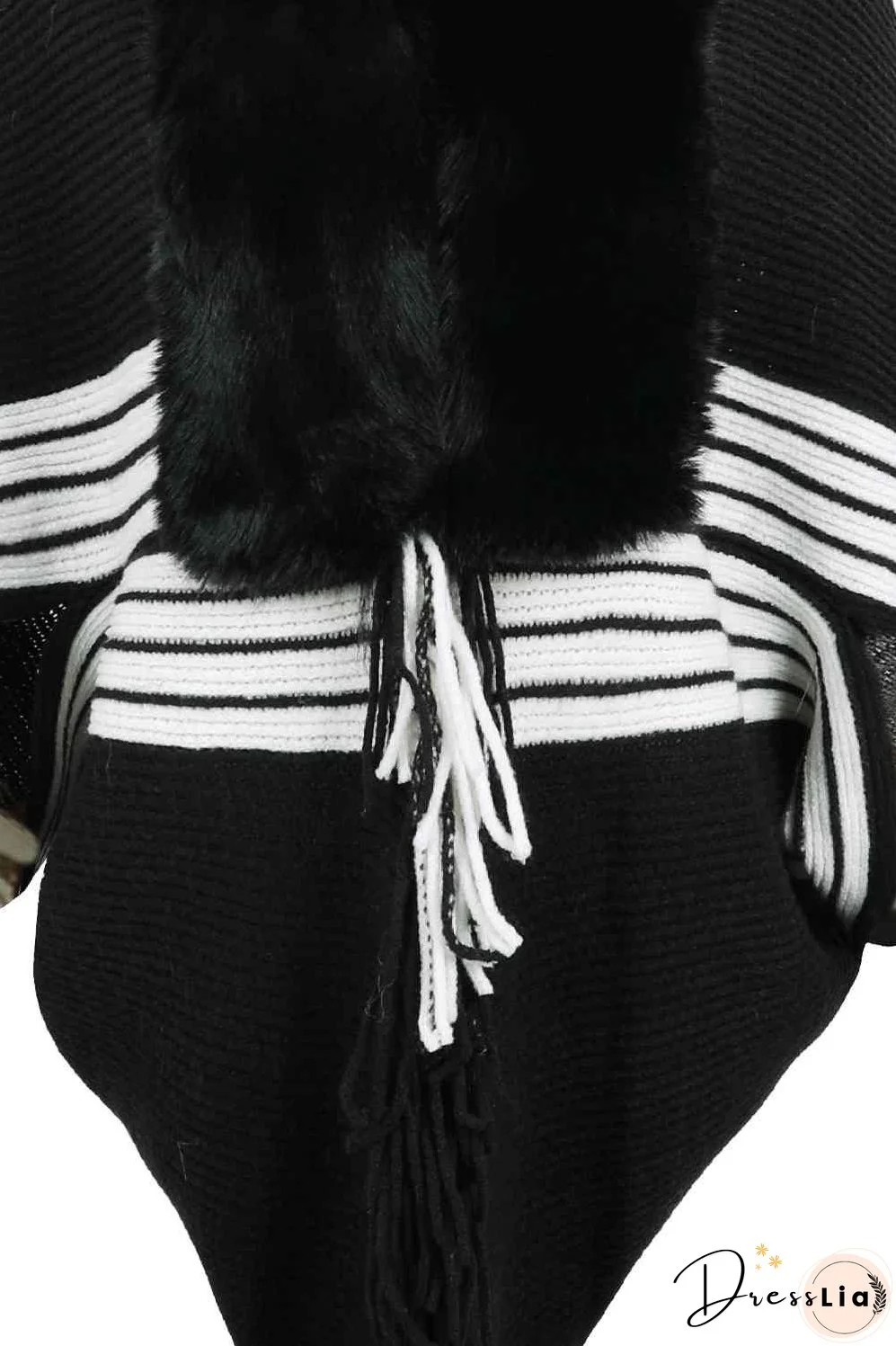 Striped Fringe Detail Long Sleeve Poncho