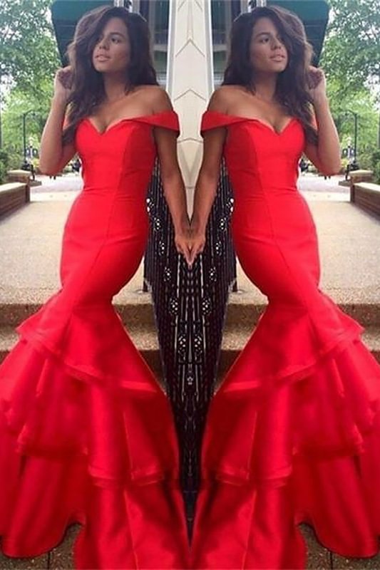 Luluslly Off-the-Shoulder Red Mermaid Evening Dress Ruffles