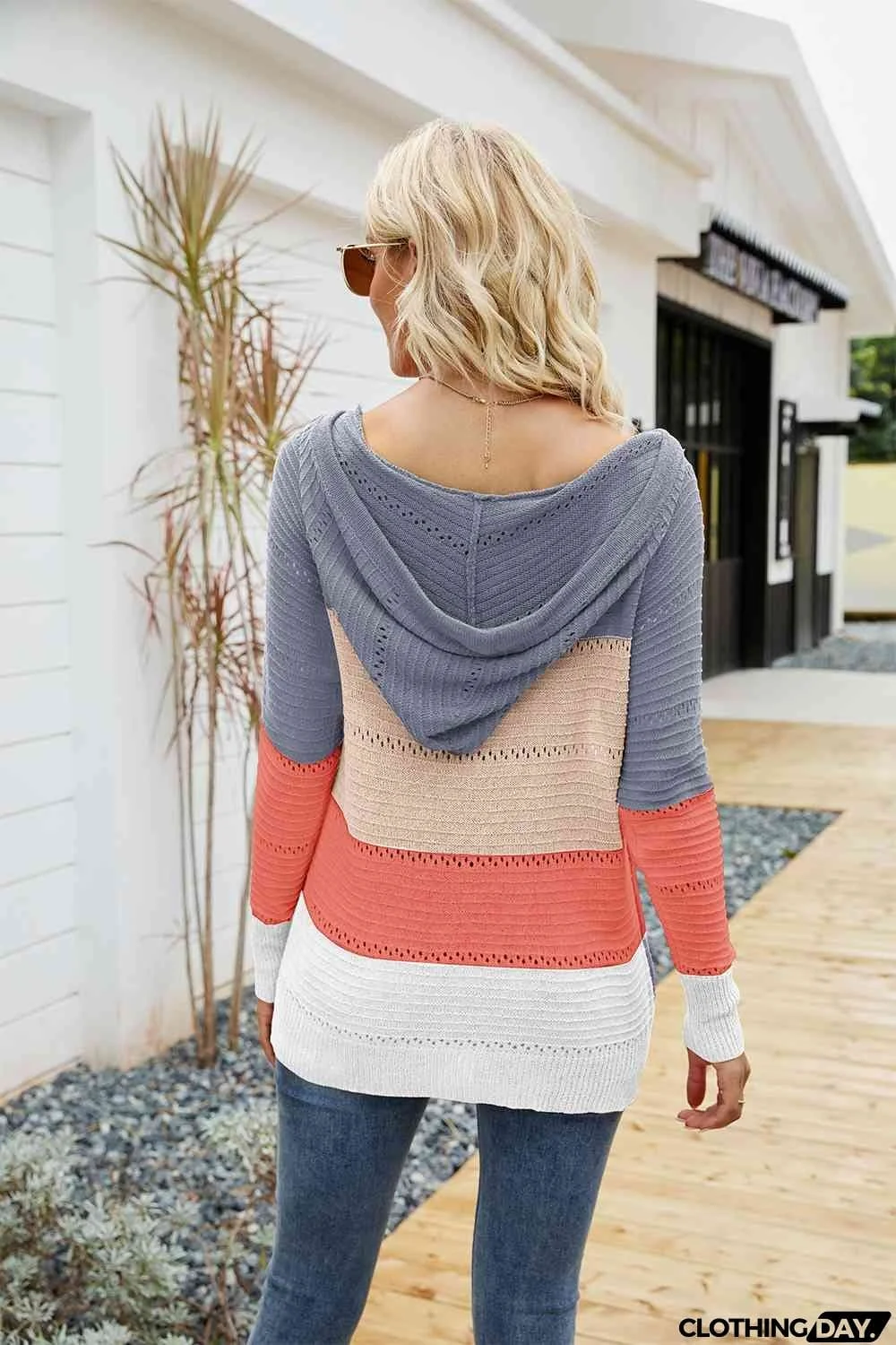 Color Block Drawstring Hooded Sweater