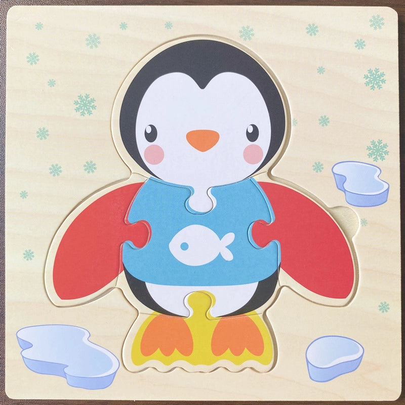 Kindergarten Children’s Enlightenment Early Education Cognition Cartoon Animal Cognition Hand-held Board Wooden Three-dimensional Puzzle Wooden Toys