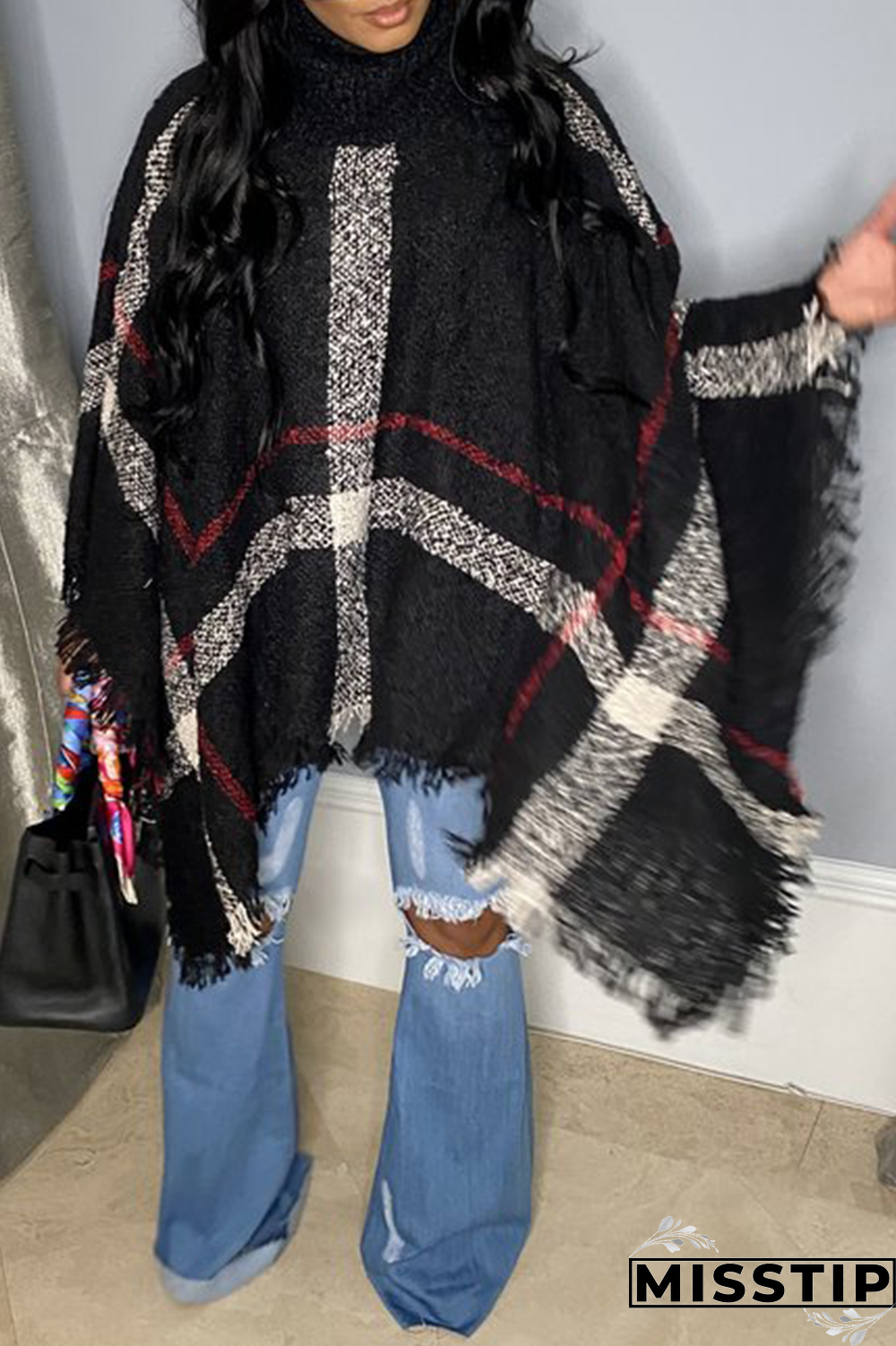 Black Casual Patchwork Tassel Turtleneck Tops
