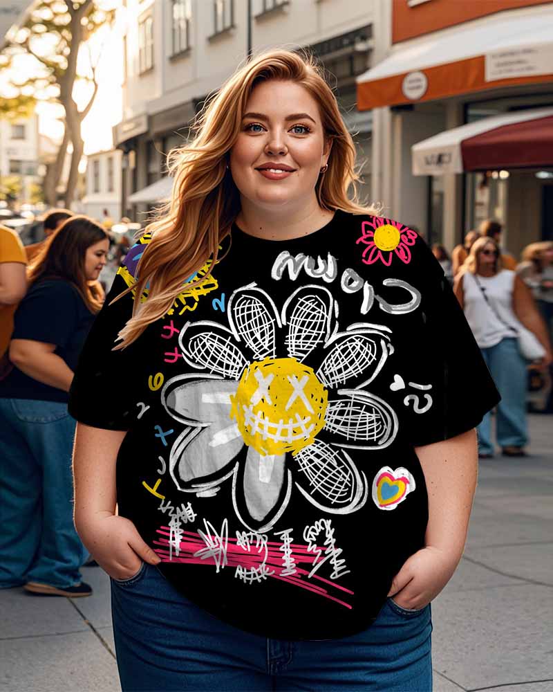 Women's Plus Size Graffiti Sunflower Round Neck Short Sleeve T-Shirt