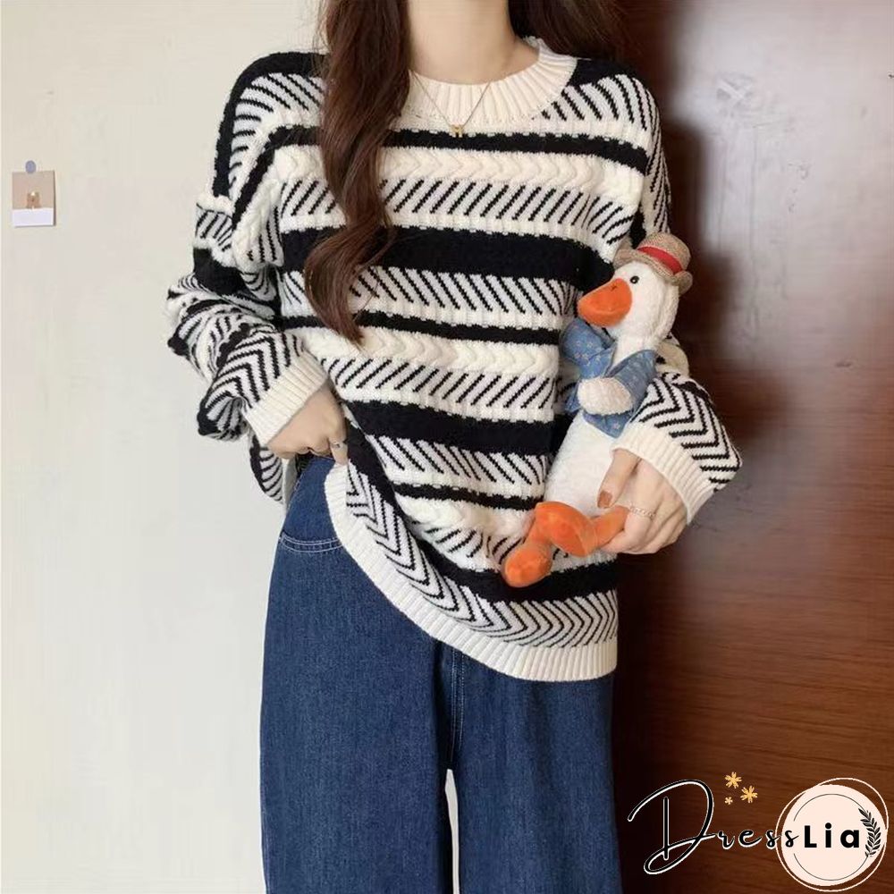 Korean Striped Sweet Knitted Sweaters Women Fashion Harajuku Autumn Winter Lazy Wind Y2k Pullovers Casual All-match Tops