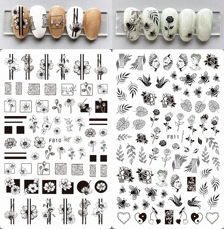1pcs Black White 3D Nail Art Stickers Sliders Flowers Mandala Leaf Geometry Adhesive Nail Decals Foil Design Manicure-Nail Inspo