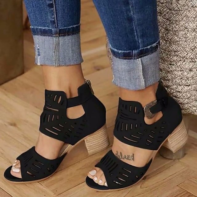 Women's Sandals Buckle Chunky Heel Peep Toe Casual Shoes