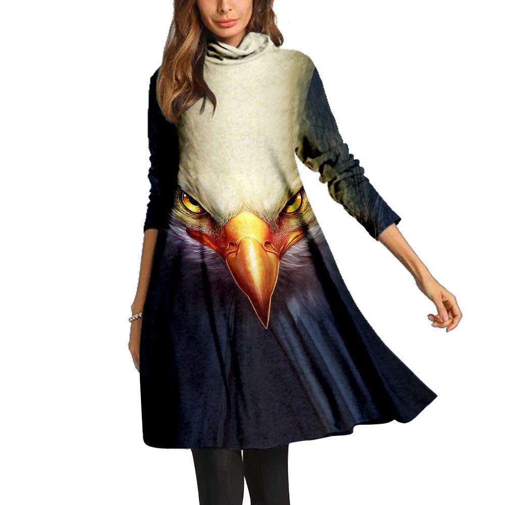 Women's Turtleneck Long Dress Mid-length Eagle Wings Printing One Piece Ion