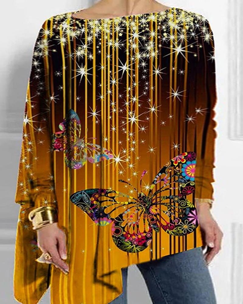 Women's Floral Butterfly Print Round Neck Long Sleeve Top