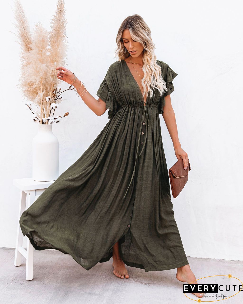 Off Shoulder Hem Split Ruffle Maxi Dress