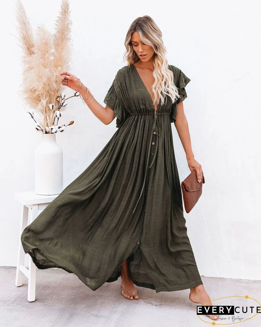 Off Shoulder Hem Split Ruffle Maxi Dress