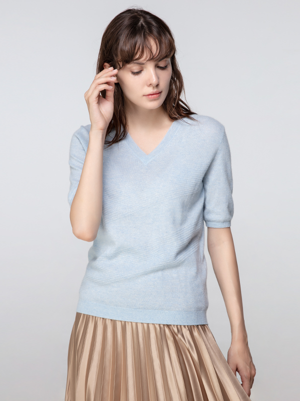 Short Sleeves Light Blue Cashmere Sweater REAL SILK LIFE