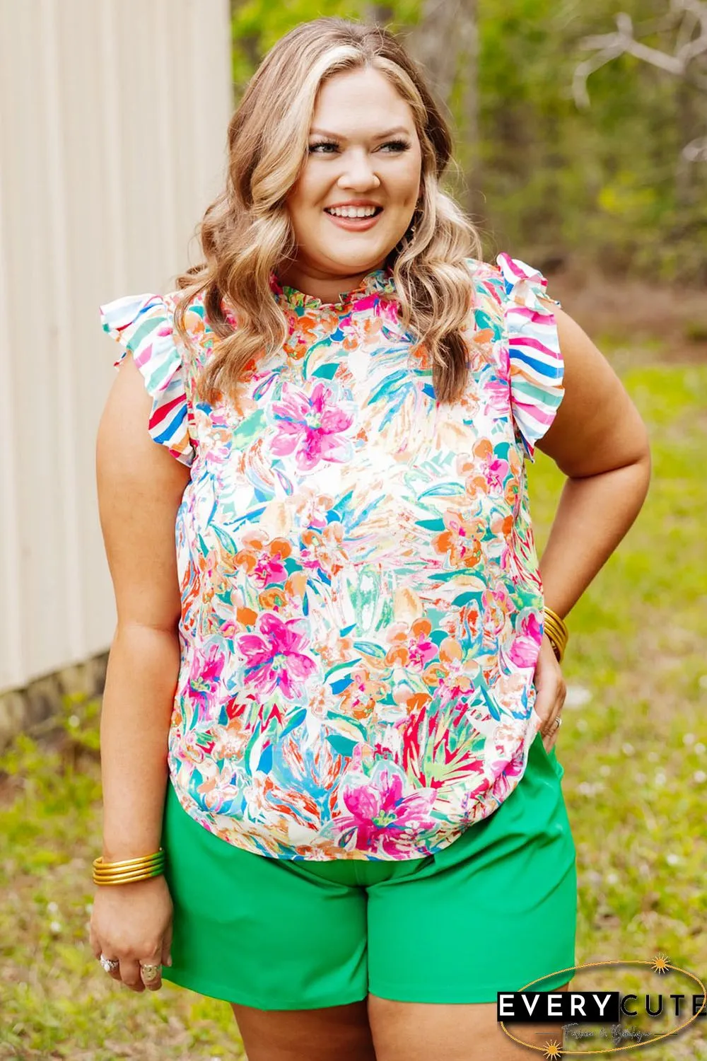 Multicolor Plus Sizie Striped Ruffle Sleeve Floral Blouse
