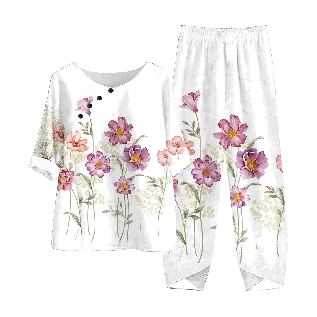 Women's Half Sleeve Scoop Neck Floral Printed Buttons Top & Pockets Design Long Pants Set