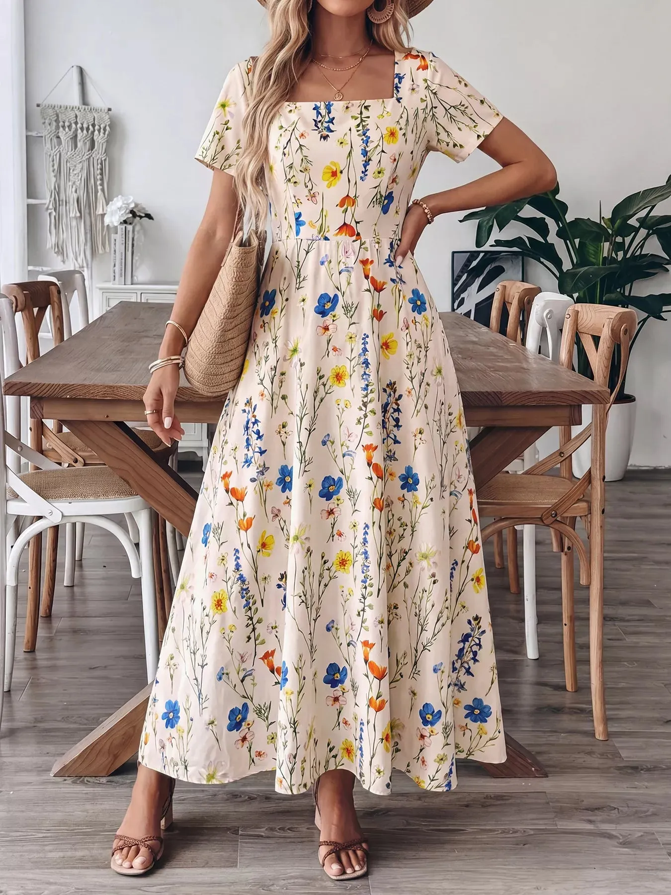 Floral Print Square Neck Casual Maxi Dress mysite idetrend